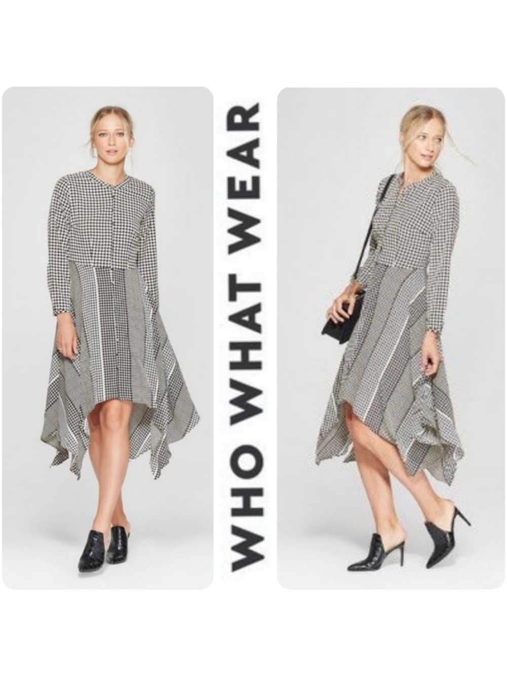 Who What Wear Black & White Gingham High-Low Midi Dress
